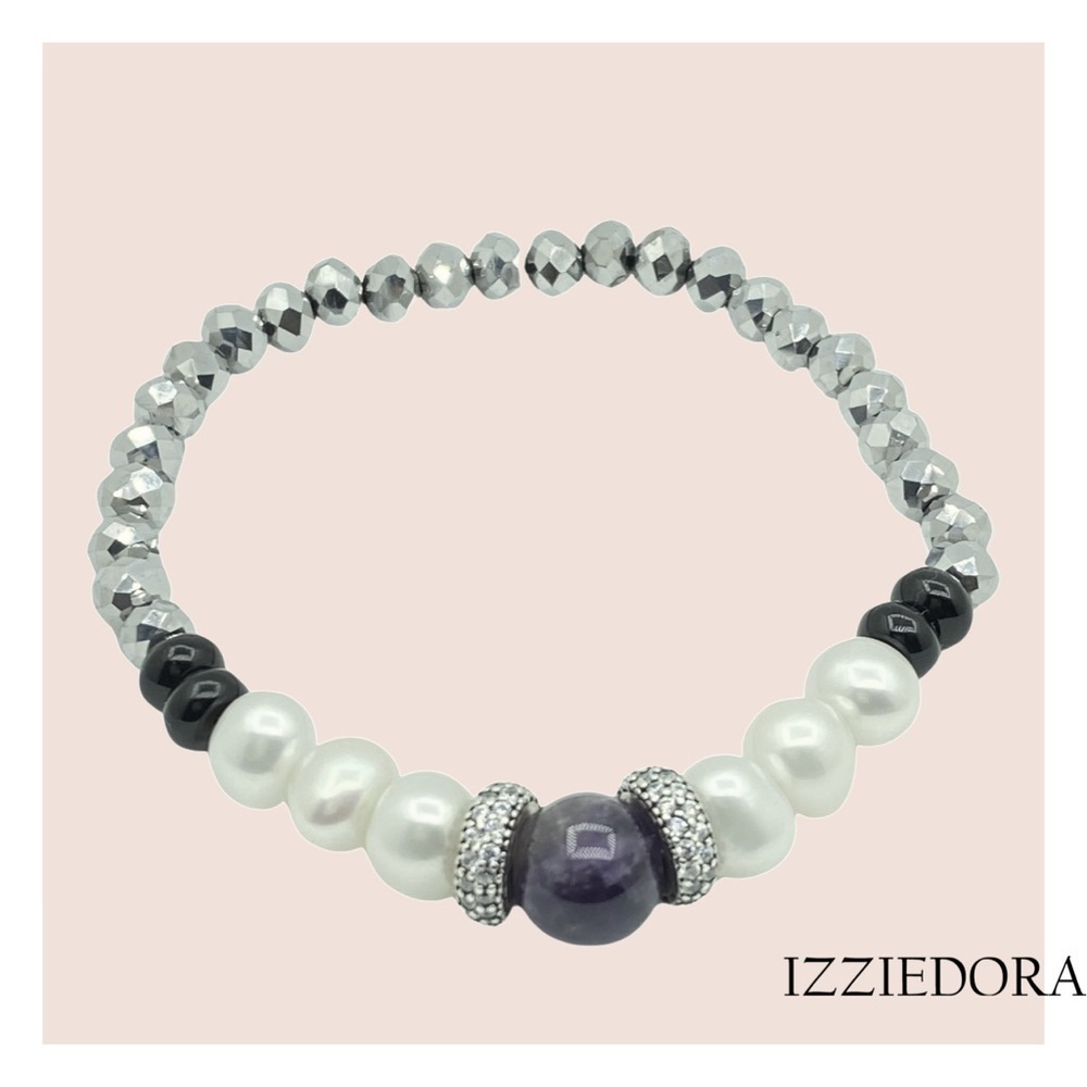 Handmade Sterling Silver CZ Charm with Amethyst and Pearl Bracelet